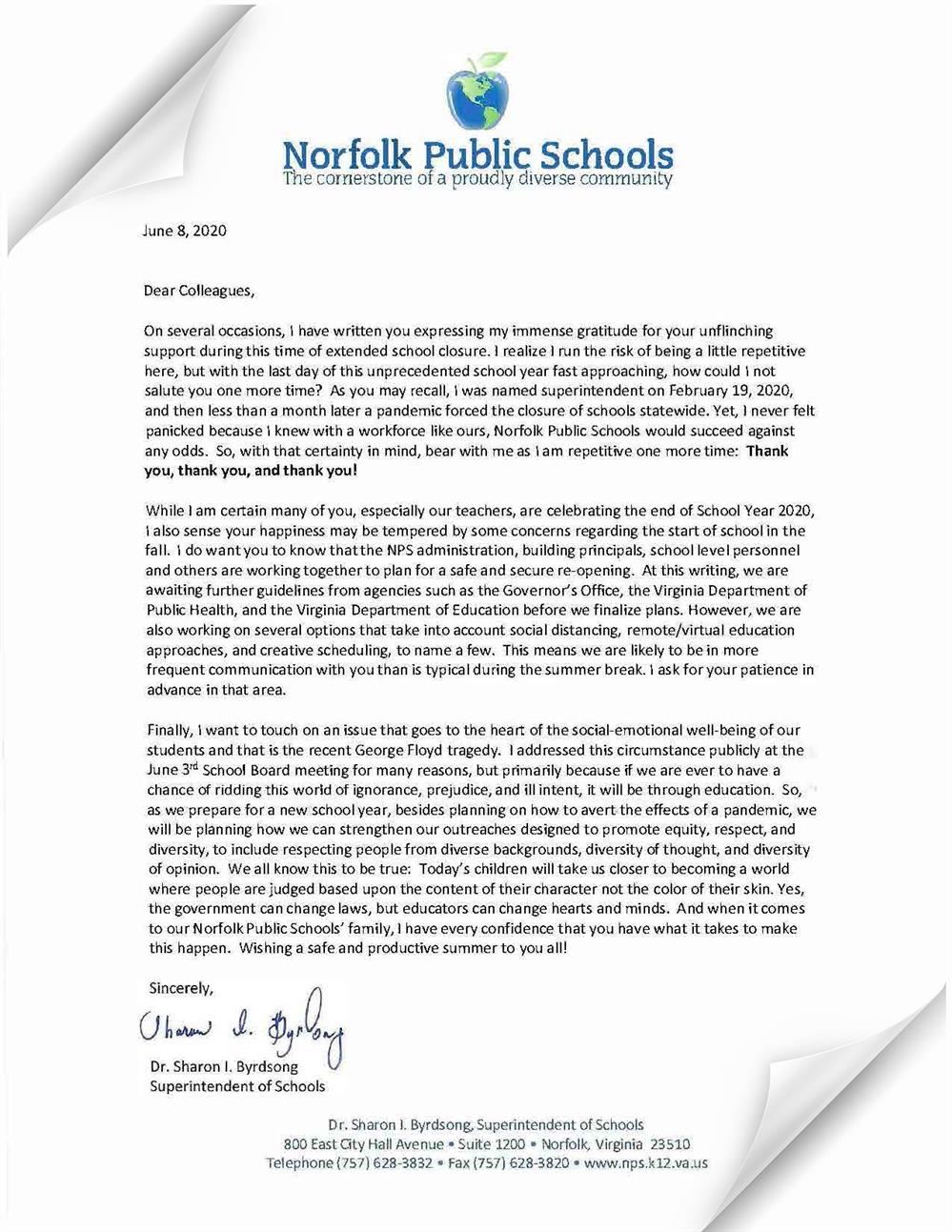 Superintendent Dr. Sharon I. Byrdsong's End of Year Letter to Students and Families